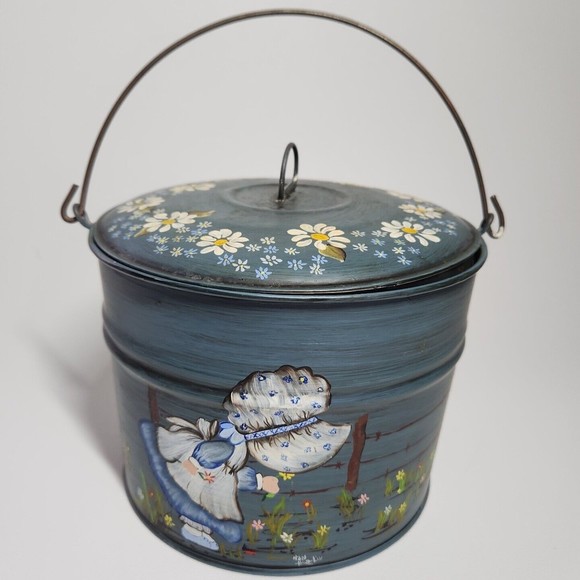 Accents Vintage Hand Painted Metal Pail W Lid Cottagecore Prairie